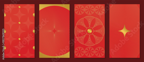 Chinese New Year decorative pattern vector illustration with lucky knot symbol, geometric circle shapes, wave motifs and traditional lanterns on a warm red gradient background. 