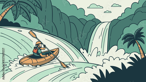 An illustration of a person kayaking down a waterfall in a lush tropical landscape with palm trees and mountains.