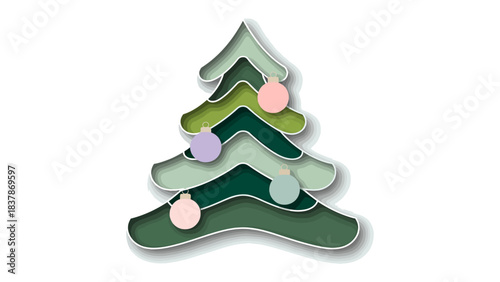 Festive Paper Christmas Tree : A modern, artistic Christmas tree created with layers of cut paper, decorated with pastel-colored ornaments. An eye-catching and minimalist design. 