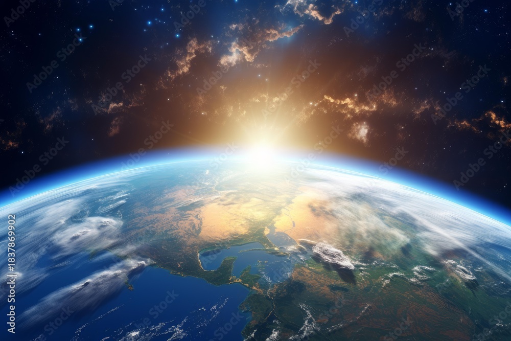 Obraz premium Planet earth rotating showing sunrise in outer space with stars and nebulae