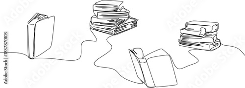 Continuous one-line drawing illustration of a stacked pile of books, symbolizing education, knowledge, and academic study. Minimalist graphic art vector.