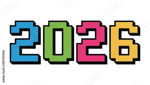 Pixels of Time: The year 2026, rendered in a bold, pixelated design, stands out with vibrant colors, a nod to retro aesthetics and digital culture.