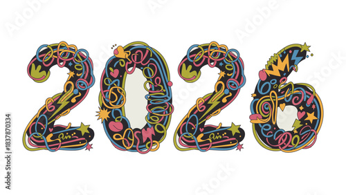 New Year Anticipation: A vibrant and creatively designed graphic, 2026, stands out with its intricate patterns and playful style, symbolizing the hope and excitement of a new beginning.