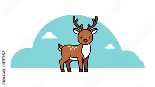 A cute cartoon illustration of a brown deer with white spots and antlers standing in front of a light blue cloud formation.