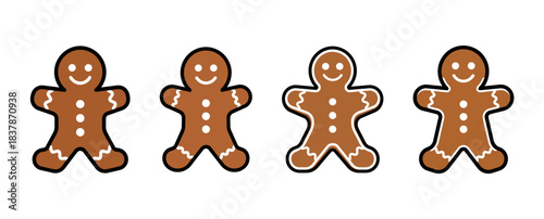 Four classic gingerbread men cookies decorated with white icing in a row against a white background.