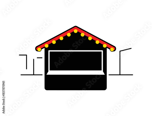 A simple black stall with a red roof and yellow lights, representing a market or shop.