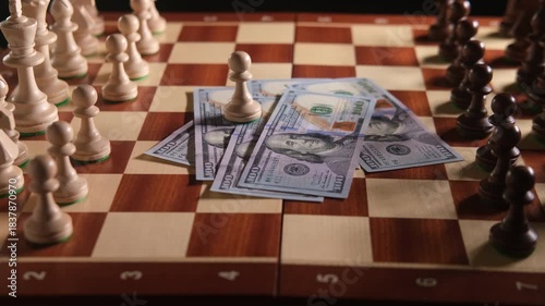 One hundred dollar bills on a chessboard with chess pieces. Strategic business planning for financial success and market investment.