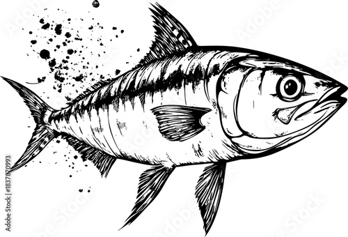 Artistic black and white illustration of a swimming fish
