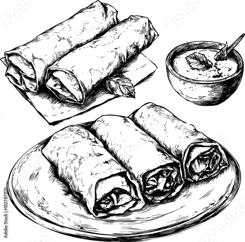 Delicious rolled pastries served with a creamy dipping sauce