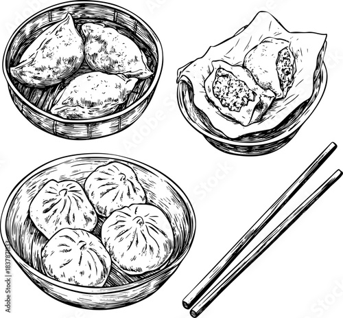 Delicious dim sum dishes displayed in bamboo baskets with chopsticks