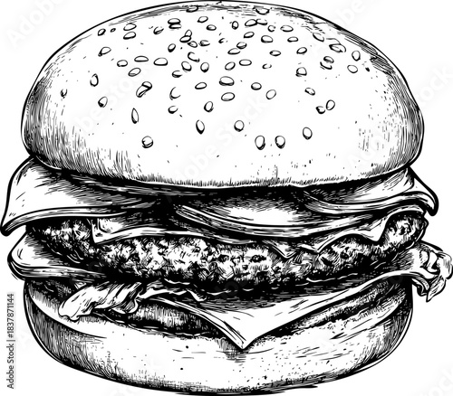 Detailed hand-drawn illustration of a classic hamburger with toppings