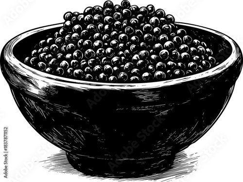 Detailed illustration of a bowl filled with black caviar