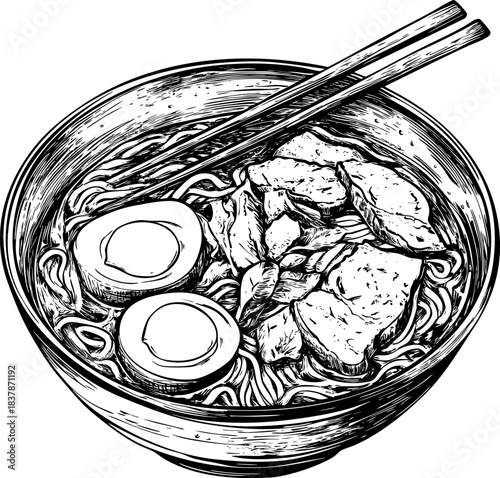 Detailed illustration of ramen with eggs and vegetables