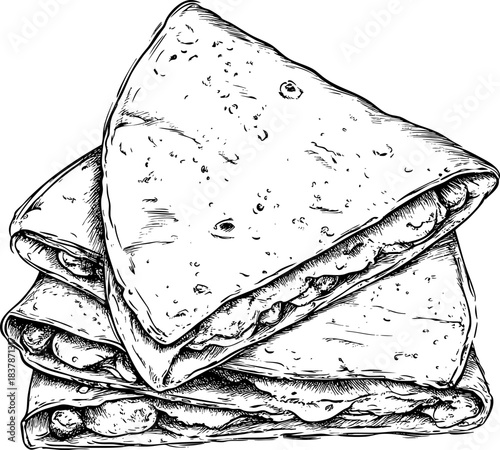 Illustration of stacked savory crepes with filling and texture details