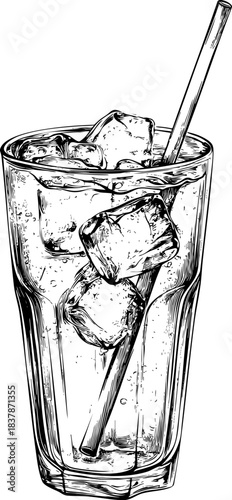Sketch of a tall glass filled with ice cubes and bubbles