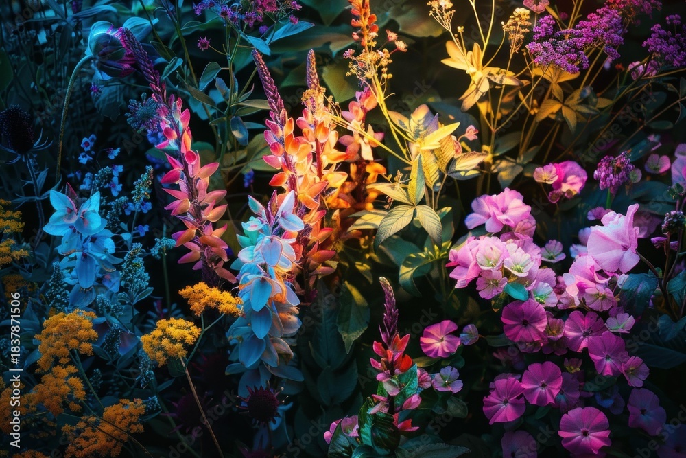 Obraz premium Magical night scene featuring vibrant, colorful flowers in an enchanted garden illuminated by a warm, golden light