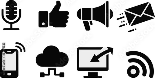 Black and white digital communication icons set vector illustration including microphone thumbs up megaphone email smartphone cloud computing and wifi signal symbols isolated on white background