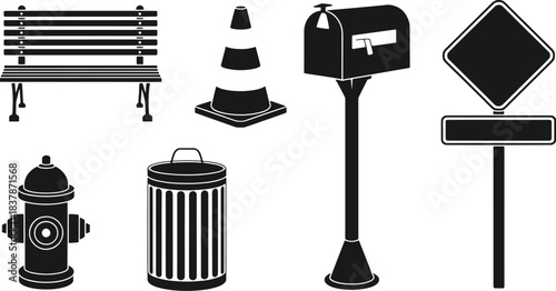 Black silhouette icons of street furniture and utilities on white background bench traffic cone