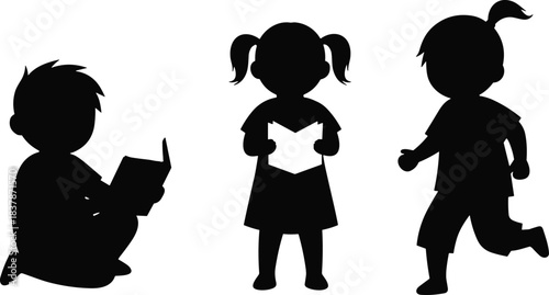 Black and white children silhouette set vector illustration kids reading books and running isolated on white background education concept graphic design elements