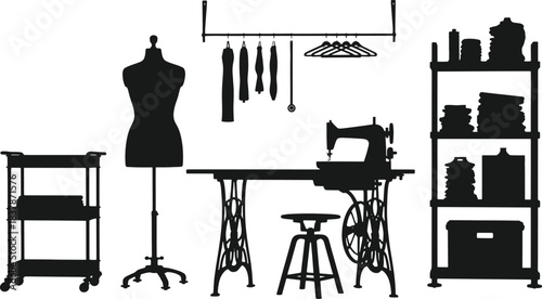 Silhouette of a sewing room with a dress form sewing machine and clothing rack mannequin