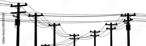 Black and white electric utility poles silhouette with power lines and transformers vector illustration isolated on white background energy transmission infrastructure design
