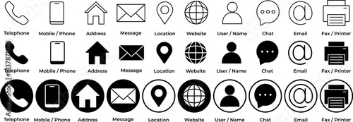 Minimalistic contact icons set featuring phone, mobile, address, email, location, website, user, chat, and printer symbols, designed in outline and solid styles for modern UI, business cards, and web