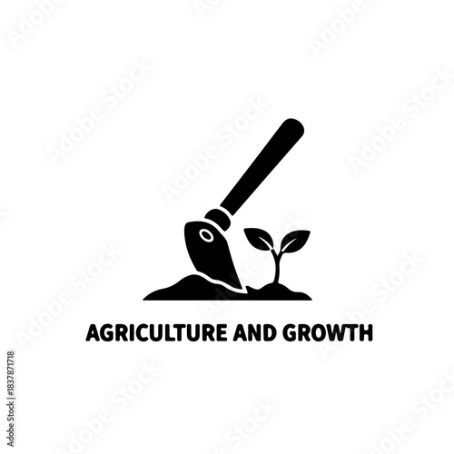 Traditional farming tool in the soil with a sprout, signifying the start of agriculture, planting, and new growth