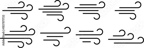 Set of minimal wind line icons representing air flow and breeze symbols for weather, motion design, and graphic projects. wind line icon. air flow symbol. breeze outline vector. weather wind icon.