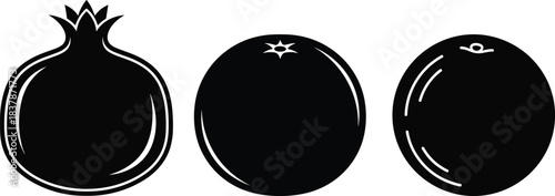 Black and white fruit silhouette set vector illustration pomegranate orange and round fruit icons isolated on white background fresh organic food elements