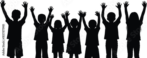 Black and white group of happy children silhouette raising hands up vector illustration boys and girls cheering together isolated on white background education concept