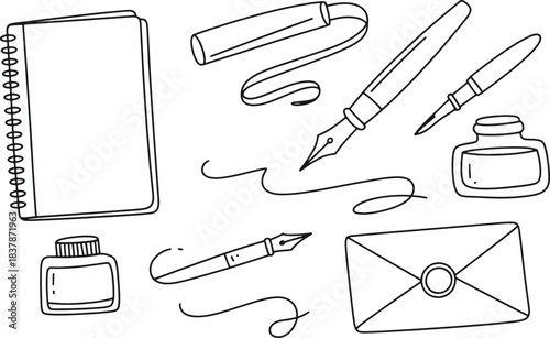 Hand drawn black and white illustration of writing tools and stationery notebook inkwell