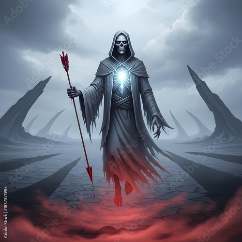 Ancient Phantom Warrior of a Desolate Realm: A Hyperreal Bloodstained Arrow Bearer Haunted by Eerie Luminescence, Ominous and Final Shadows