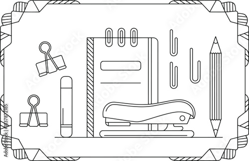 Black and white line art illustration of office supplies including a stapler notebook paper clips binder clips and pencil