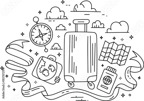 Black and white line art illustration of travel essentials including suitcase passport map compass and globe