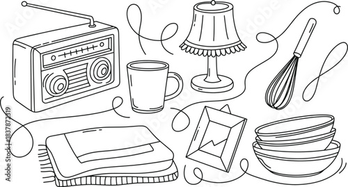Hand drawn line art collection of vintage radio lamp mug whisk blanket and bowls drawing sketch