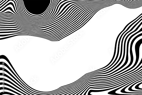 Dynamic striped fluid art. Abstract black and white backdrop with modern distorted lines. Eps 10