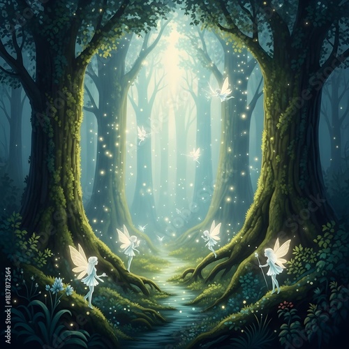 A Moonlit Enchanted Forest where Radiant Ancient Trees and Whimsical Fairies Dance in a Mystically Glimmering, Softly Illuminated Woodland Realm