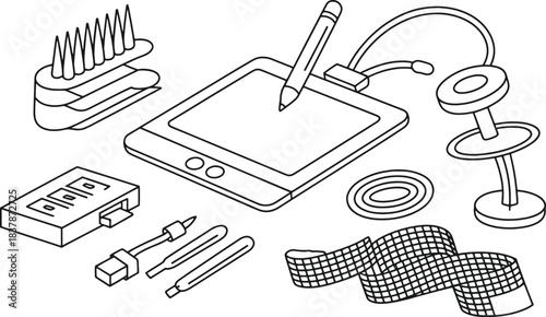 Isometric drawing of digital drawing tablet stylus headphones measuring tape and other tools vector 1