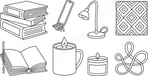 Stack of books open book desk lamp bookmark lit candle patterned square and knot