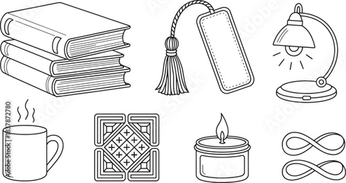 Stack of books desk lamp steaming mug decorative pattern lit candle and infinity symbols bookmark tassel
