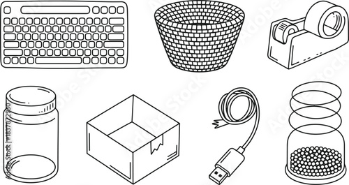 Collection of black outline office and tech supplies on white background keyboard computer keyboard