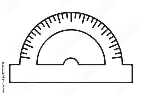 Simple outline drawing of a protractor for measuring angles isolated on white background