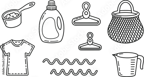 Black and white line drawing of laundry items including a t shirt a measuring cup detergent bottle hangers and a mesh bag