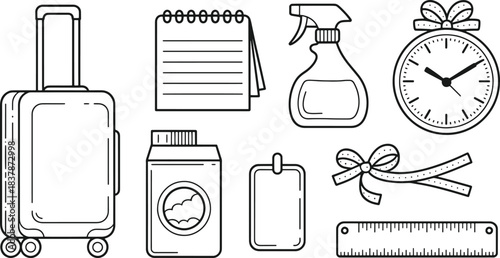 Collection of black and white line art icons including a suitcase a notepad a spray bottle a clock a laundry detergent box a tag a bow and a ruler