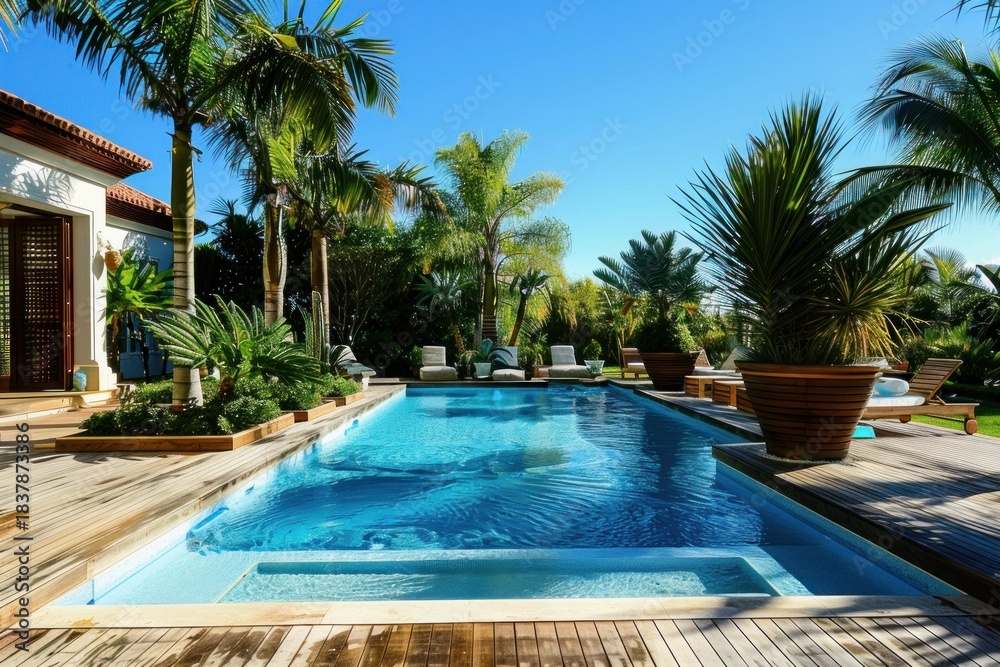 Fototapeta premium Inviting swimming pool in a tropical garden with deck chairs, palm trees, and lush vegetation