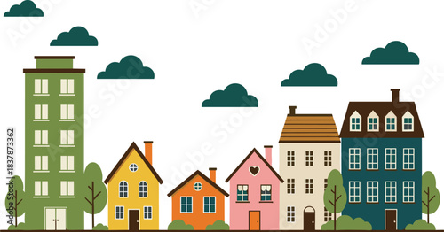 Charming neighborhood scene with colorful houses, trees and clouds illustrated in modern flat vector style for community design themes