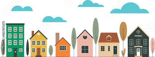 Colorful neighborhood houses with trees and clouds illustrated in modern flat style for urban residential and community design themes