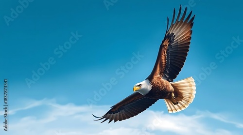 A hyperrealistic rendering of a majestic eagle in flight, sharp focus on its feathers and piercing gaze, vast blue sky, dynamic composition