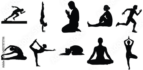Diverse people silhouettes: fitness, yoga, running, meditation