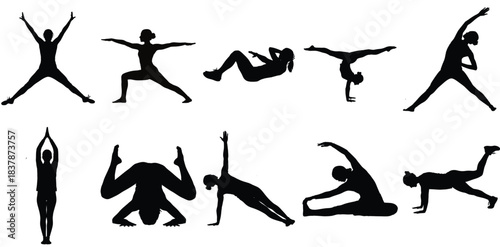 Dynamic female silhouettes engaging in diverse fitness and yoga poses